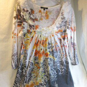 ESPRESSO STUNNING BLOUSE WITH ATTACHED FLOWERS EMPIRE WAIST & 3/4 SLEEVES~MEDIUM